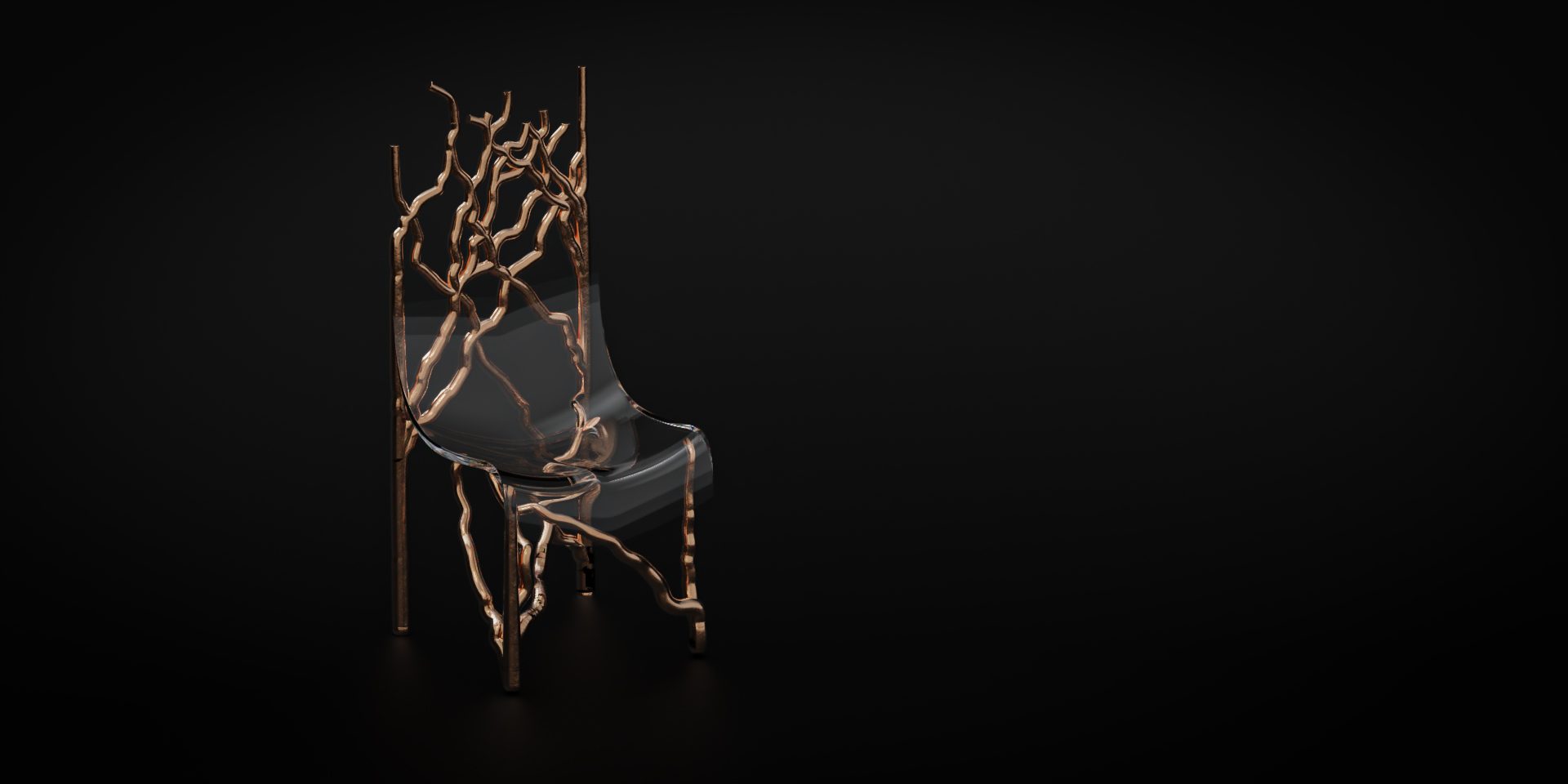 Silla Arbolea, escultura funcional paramétrica en cobre y acrílico inspirada en el crecimiento de los árboles, por Martín Jiménez.