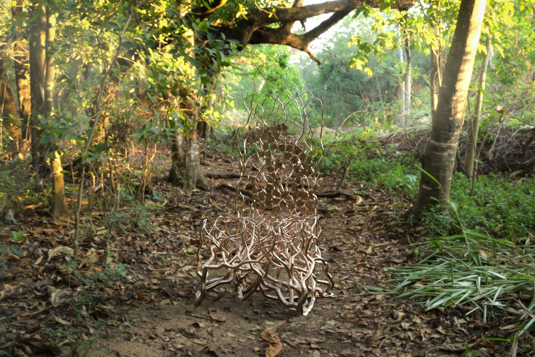 Detalle de las ramas y hojas en cobre — Silla Arrayán